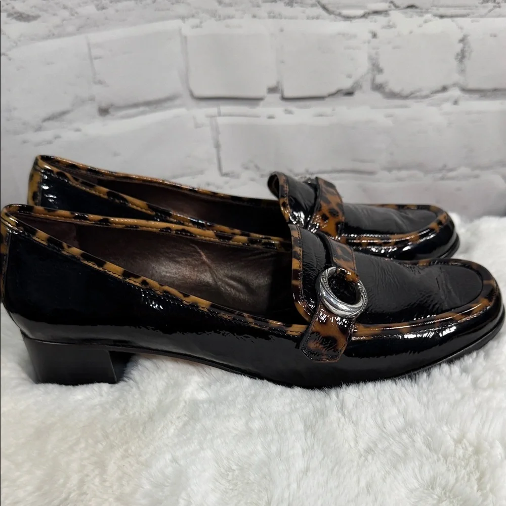 Brighton Actor patent leather loafers in‎ black with leopard print trim EUC
